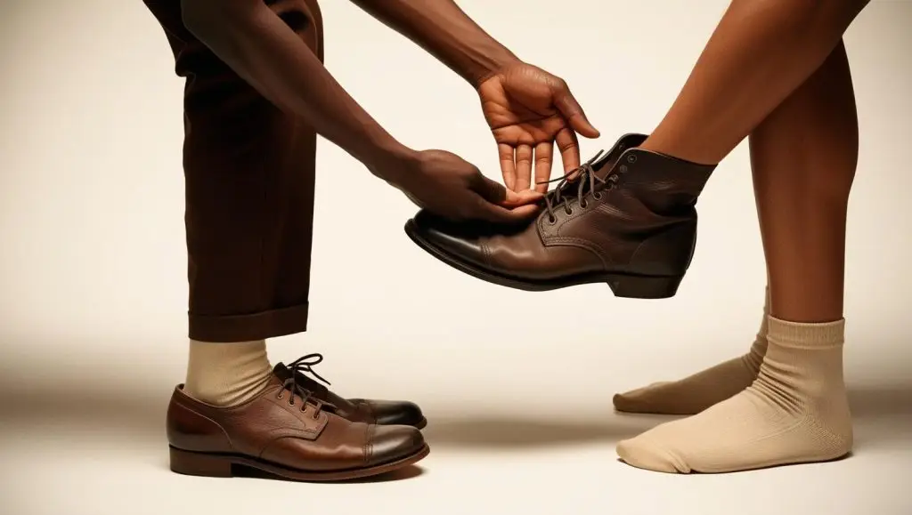 Persona entregando un par de zapatos a otra persona, mientras la que da los zapatos muestra sus pies descalzos y sucios.